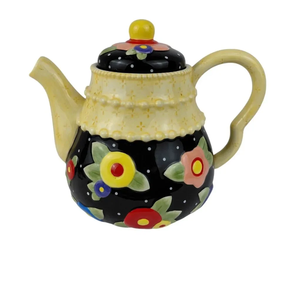 Mary Engelbreit Yellow Black Teapot Red Blue Flowers  Vintage EUC